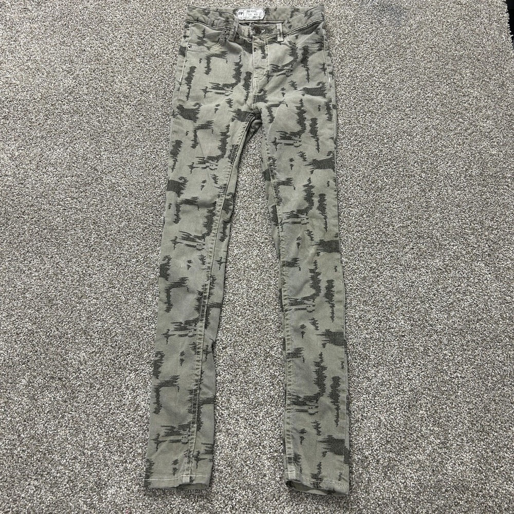 Free People Skinny Jeans Womens 25 Med Wash Green Camo Mid Rise Denim Pants